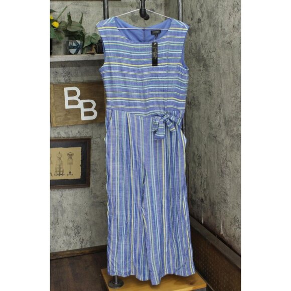 Tahari ASL Womens Striped Cropped Jumpsuit TLMU9WR515 12 Ivory Blue - Picture 1 of 7